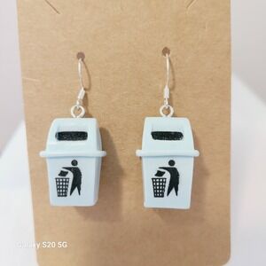 Handmade Novelty Cute Trash Can Earrings Silver Tone Hooks Fun Quirky Earrings‎
